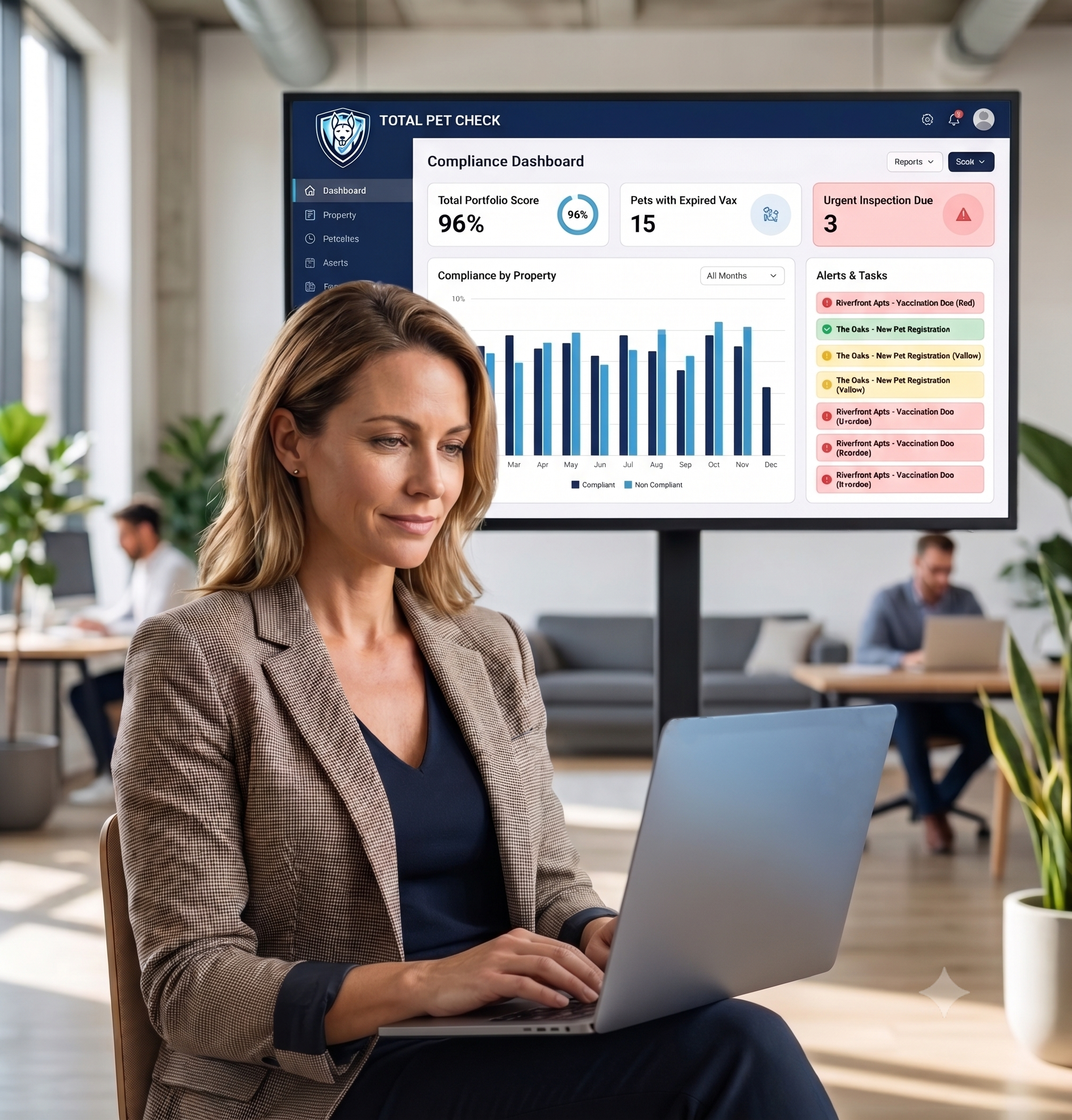 A modern, clean user interface of a compliance software dashboard showing data points, charts, and alerts, with a property manager looking confidently at a tablet in the foreground.