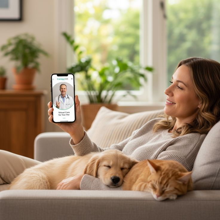 A property manager thoughtfully reviewing documentation related to an assistance animal request, with a small dog sitting calmly nearby.