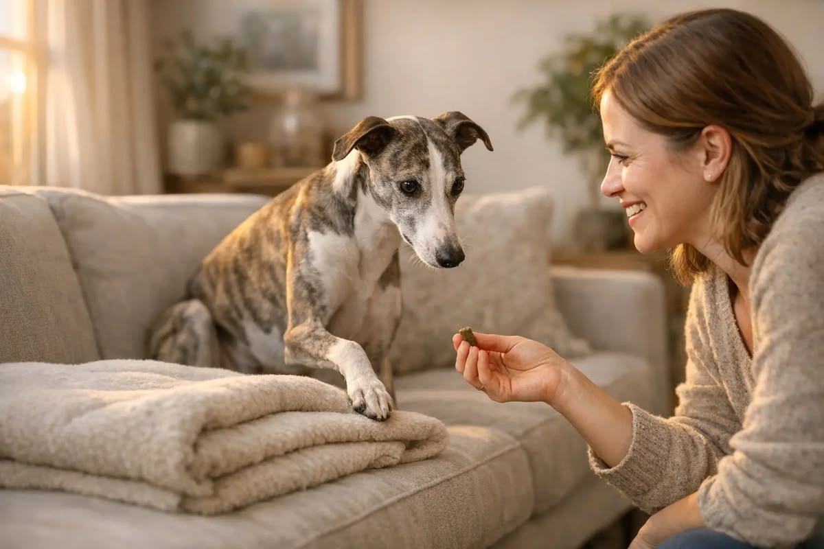 A property manager reviewing a comprehensive pet policy document at a desk, with a happy dog and cat in the background, symbolizing balanced pet inclusion and responsible management.