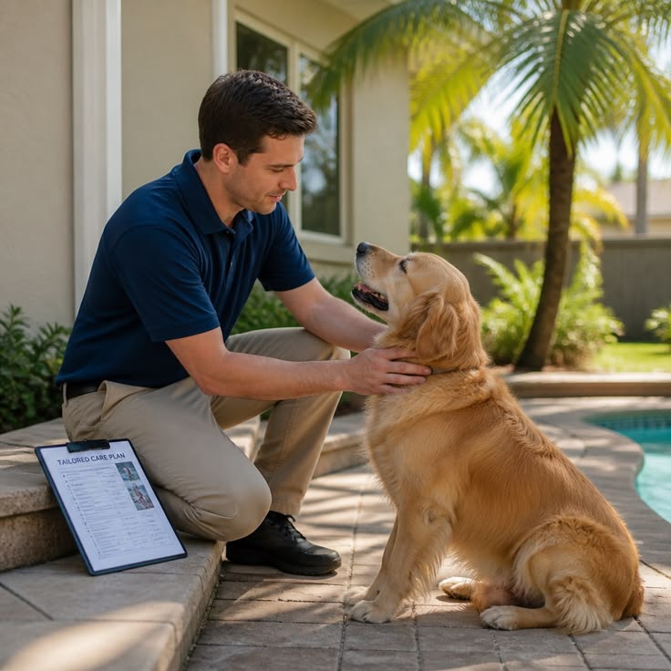 A property manager thoughtfully reviewing documents for an assistance animal request, with a calm dog resting nearby, symbolizing the specialized verification process.