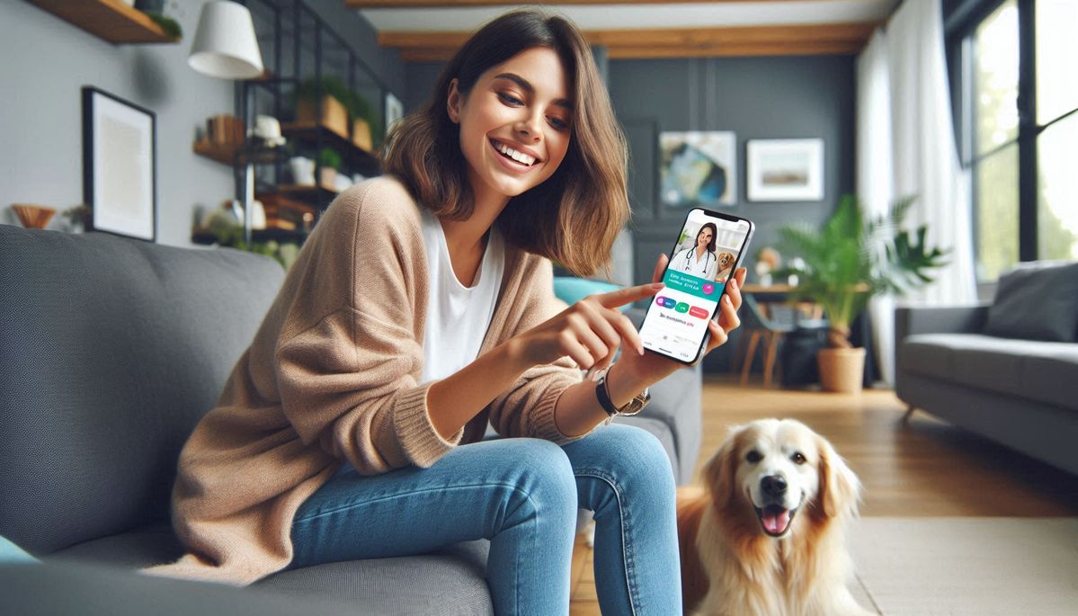 A property manager reviewing pet screening documents with a happy tenant and a well-behaved dog, symbolizing harmony and prevention of damage.