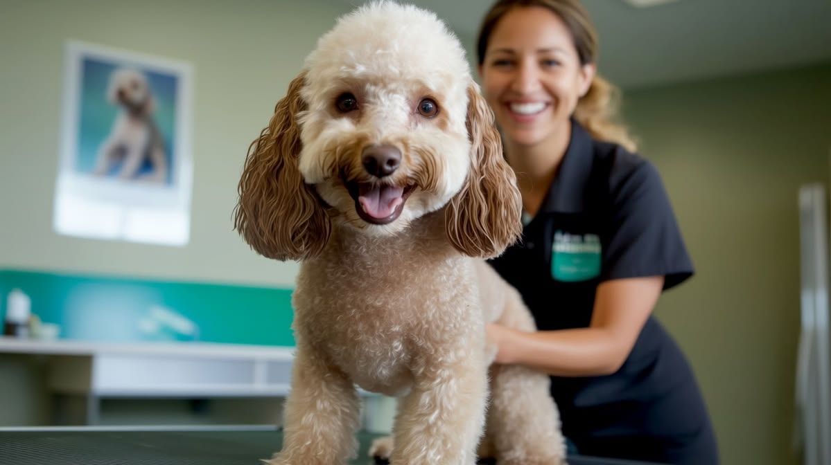 A property manager reviewing digital pet screening documents on a tablet, with a happy dog and owner in the background, symbolizing a thorough and positive pet verification process.