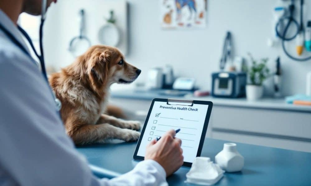 Property manager smiling while reviewing digital pet screening data on a tablet, with a happy dog and cat in the background, symbolizing simplified rental applications.