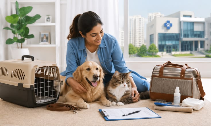 Property manager reviewing a standardized pet screening checklist on a tablet, with a dog and cat in the background, symbolizing a consistent and fair process.